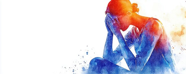 Obraz premium Emotional portrait of a woman sitting with head in hands, expressing feelings of sadness and despair through a watercolor effect, suitable for mental health themes