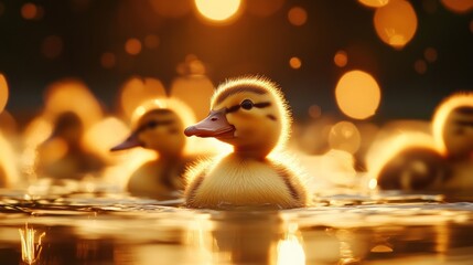 Golden Hour Ducklings: A Serene Sunset Reflection