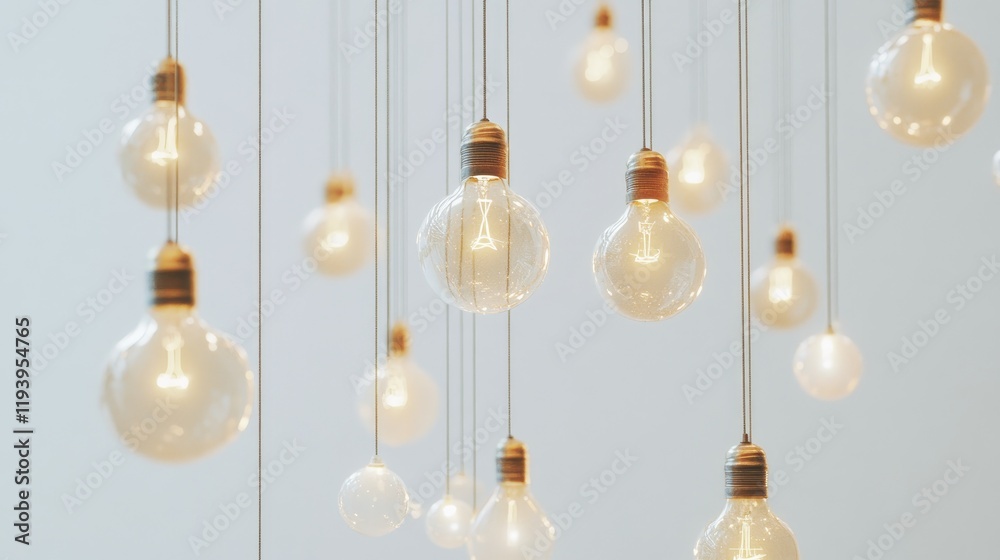Poster light bulbs hanging from strings against a white background, symbolizing innovation, creativity, and