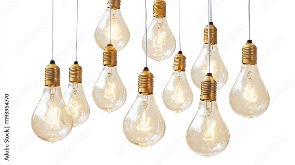 Poster light bulbs hanging from strings against a white background, symbolizing innovation, creativity, and