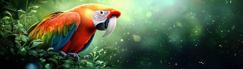 Vibrant Scarlet Macaw Perched on Lush Green Foliage Against a Soft Focus Background of Nature Dappled Light and Bokeh Effects