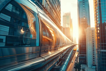 A futuristic monorail glides through a cityscape at sunset, highlighting urban transport innovation.