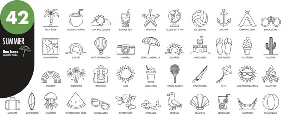 Summer, vacation, holidays editable stroke thin line icons set. Suitcase, tent, beach, sun, map, lemonade, binoculars, camera, cactus, backpack, rainbow, fireworks, sunset, kite, vector illustration