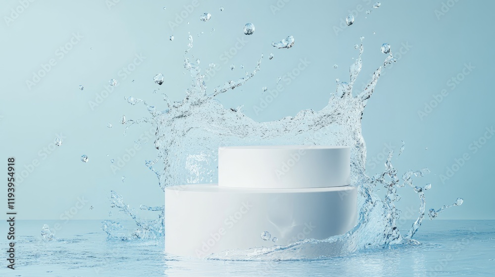 Poster minimalist white podiums on a blue background, enhanced with water splashes for a dynamic and clean 
