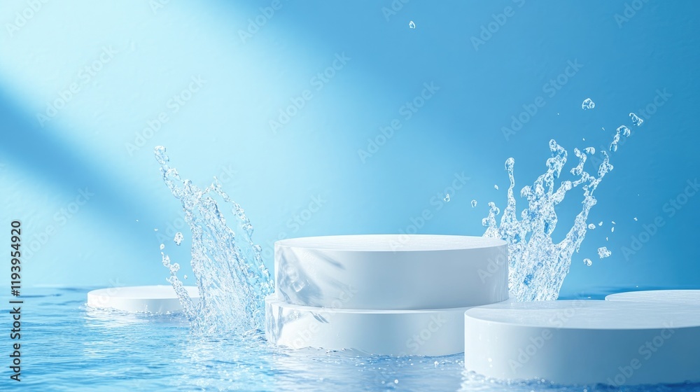 Poster minimalist white podiums on a blue background, enhanced with water splashes for a dynamic and clean 