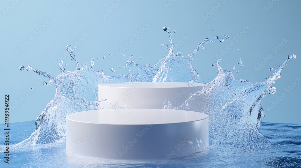 Poster minimalist white podiums on a blue background, enhanced with water splashes for a dynamic and clean 