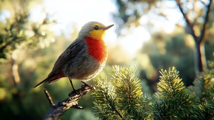 Vibrant songbird perched on a natural branch surrounded by lush greenery, showcasing colorful plumage in a serene outdoor setting filled with sunlight
