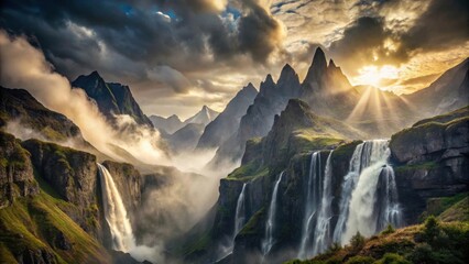 Majestic Mountain Range with Cascading Waterfalls at Sunset