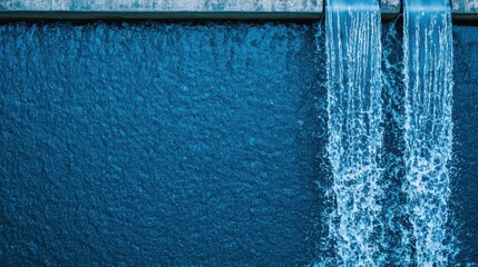 Water cascades gently over a textured surface, creating a serene blue backdrop.