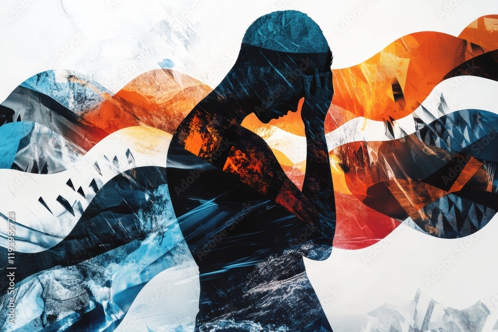 Leinwandbilder Person expressing pain through body language in a vibrant abstract setting with geometric shapes and dynamic waves. Generative AI