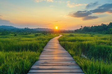Fototapeta premium Wooden path leads to sunset over rice fields. Ideal for travel, nature, and serenity themes.