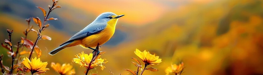 Colorful Bird Perched on Yellow Flowers with Soft Background of Nature Displaying Warm Tones and Serenity in a Beautiful Natural Setting