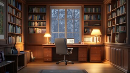Stylish home office with a sleek desk, ergonomic chair, bookshelves, and a soft glow from a desk lamp, creating a peaceful work environment