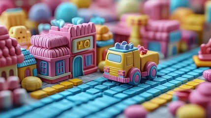 Fototapeta premium Colorful miniature town with a toy truck.