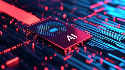 Futuristic circuit board featuring an AI chip with vibrant neon colors.