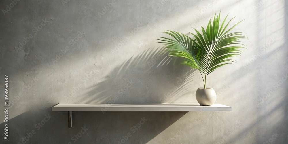 Poster minimalist home decor a simple white shelf against a textured wall, adorned with a potted palm frond