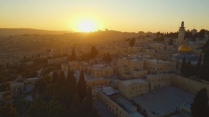 Fototapeta premium The cityscape of Jerusalem at dawn, showcasing the ancient architecture, religious landmarks, and timeless beauty of the Holy City.