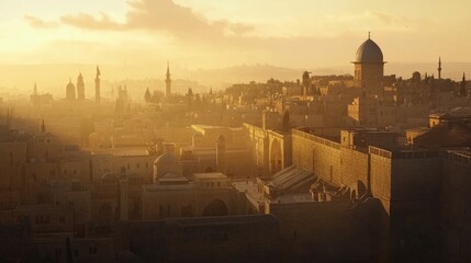 Naklejka premium The cityscape of Jerusalem at dawn, showcasing the ancient architecture, religious landmarks, and timeless beauty of the Holy City.