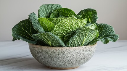 Fresh savoy cabbage leaves in a ceramic bowl on marble.