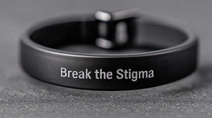 Black bracelet engraved with the message "Break the Stigma" on a textured surface.
