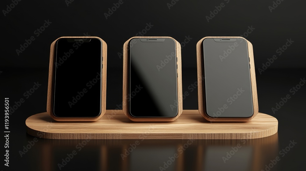Poster three smartphones on wooden podiums with blank screens, set in a clean, modern display on a dark bac