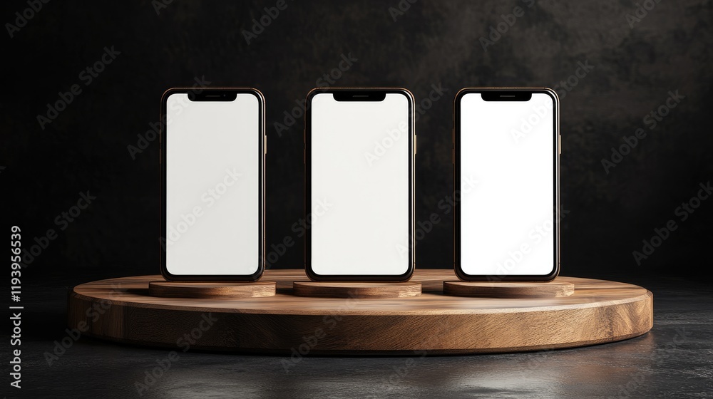 Poster three smartphones with blank screens displayed on wooden podiums against a dark background, perfect 