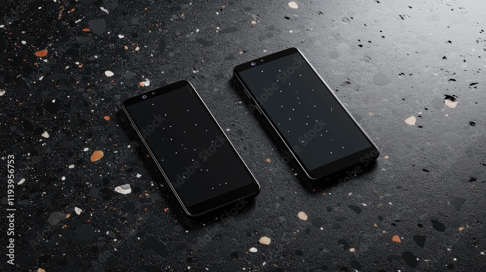 Poster Two floating smartphones displayed above a terrazzo surface in a modern mockup, with a dark background and subtle reflections, for a stylish tech presentation