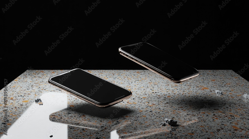 Poster Two floating smartphones displayed above a terrazzo surface in a modern mockup, with a dark background and subtle reflections, for a stylish tech presentation