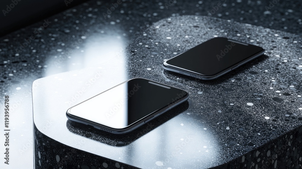 Poster Two floating smartphones displayed above a terrazzo surface in a modern mockup, with a dark background and subtle reflections, for a stylish tech presentation