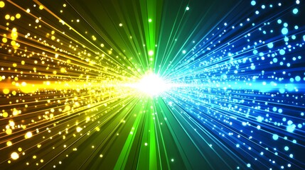 Obraz premium Abstract Technology Background. Blue, Green and Yellow Light Beams, Shining Stars And Particles