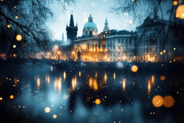 Obraz premium A magical depiction of Theatre Vltava floating above the Vltava River, surrounded by glowing stars, enchanted trees, and swirling mist in a twilight setting