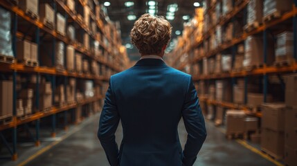 Fototapeta premium Businessman in a warehouse, contemplating logistics.