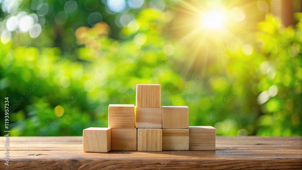 Poster wooden blocks arranged on a rustic table, bathed in sunlight against a blurred green backdrop