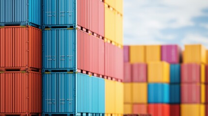 Fototapeta premium Colorful shipping containers stacked against a bright sky, showcasing logistics and transportation themes.