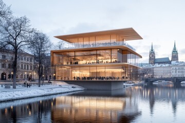 Fototapeta premium A minimalist design of Theatre Vltava facade, outlined in sleek gold lines with the Vltava River subtly represented below