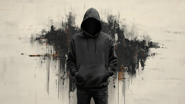 Faceless person in black hoodie against abstract art wall.