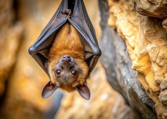 Naklejka premium Brown and Black Bat Hanging from Rock, Captivating Look at Camera â€“ Nature Photography, Wildlife, Animal Portraits, and Bats in Their Habitat