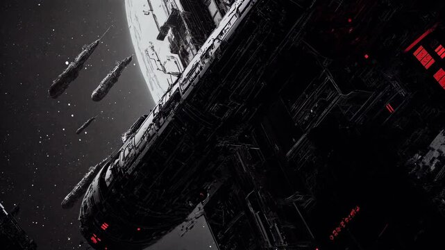 Colossal space station dominates frame in deep space. Tracking movement parallel to structure. Static position at medium distance.