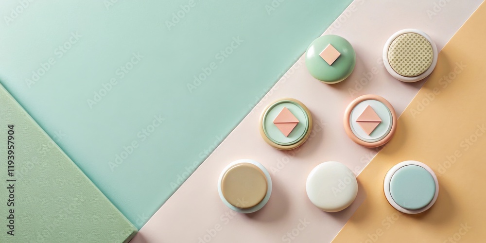 Poster Pastel-colored round objects arranged on a tri-color surface for a minimalist design aesthetic