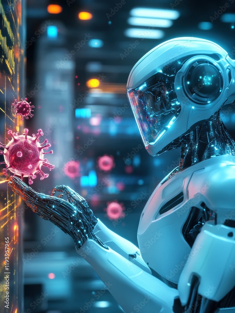 Aufkleber Robots working in a high tech lab to neutralize viruses during a scientific breakthrough. Generative AI