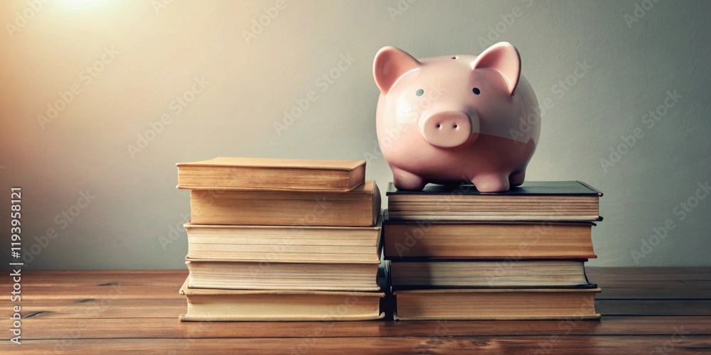Poster a piggy bank rests atop a stack of vintage books, symbolizing the cost of education and the importan
