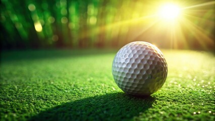 A golf ball rests on a lush green putting surface, bathed in the warm glow of the setting sun.