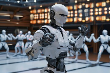 Naklejka premium A futuristic scene featuring a humanoid robot in an action pose, with multiple similar robots in the background.