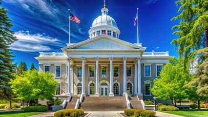 Obraz premium Majestic Neoclassical Nevada State Capitol Building in Carson City with Gleaming Dome and Pillars Surrounded by Lush Greenery and Blue Skies - High Depth of Field Capture