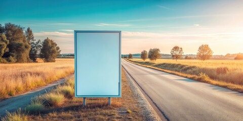 Fototapeta premium Blank roadside billboard on rural asphalt road at sunset