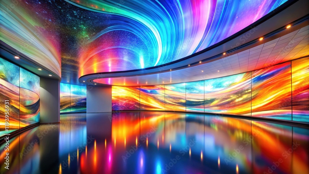 Poster immersive digital art installation with vibrant, swirling nebula patterns on ceiling and walls refle