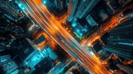 Obraz premium Aerial View of City Intersection at Night, Light Trails and Skyscrapers