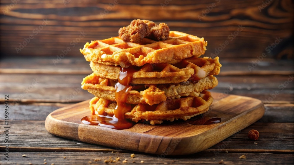 Poster A stack of golden waffles drizzled with caramel sauce and topped with crunchy bits on a rustic wooden board