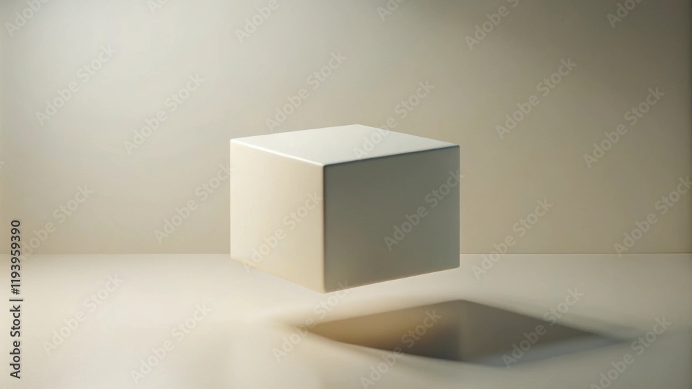 Poster a simple, off-white cube hovers above a minimalist surface, casting a soft shadow in a subtly lit ro