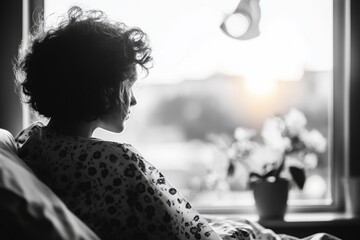 A person in a hospital gown sitting on the edge of their bed, their head bowed in thought, conveying fragility and uncertainty